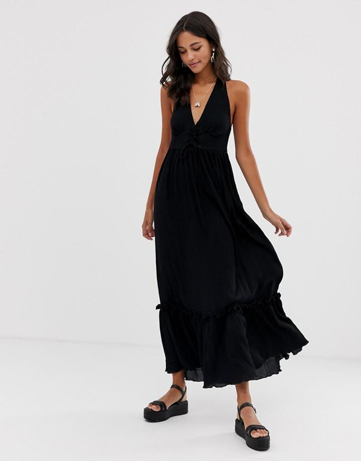 Asos Design Halter Maxi Dress With Lace Up - Black