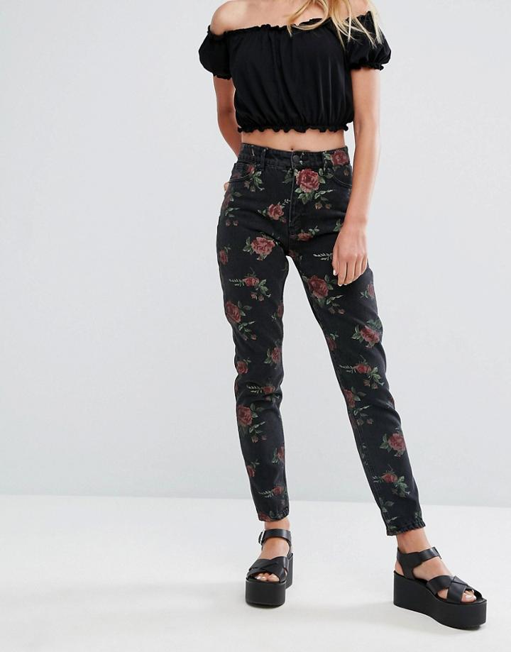 Monki Floral Print Kimomo Mom Jeans - Black