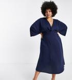 Asos Design Curve Batwing Twist Front Midi Skater Dress In Navy