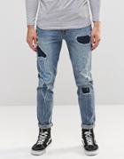 Asos Skinny Jeans With Rip And Repair Detail In Mid Blue - Mid Blue
