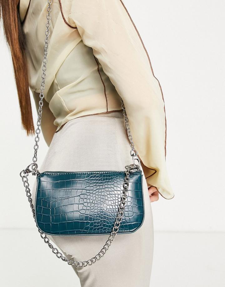 Bershka Chain Detail Cross Body Bag In Green Croc