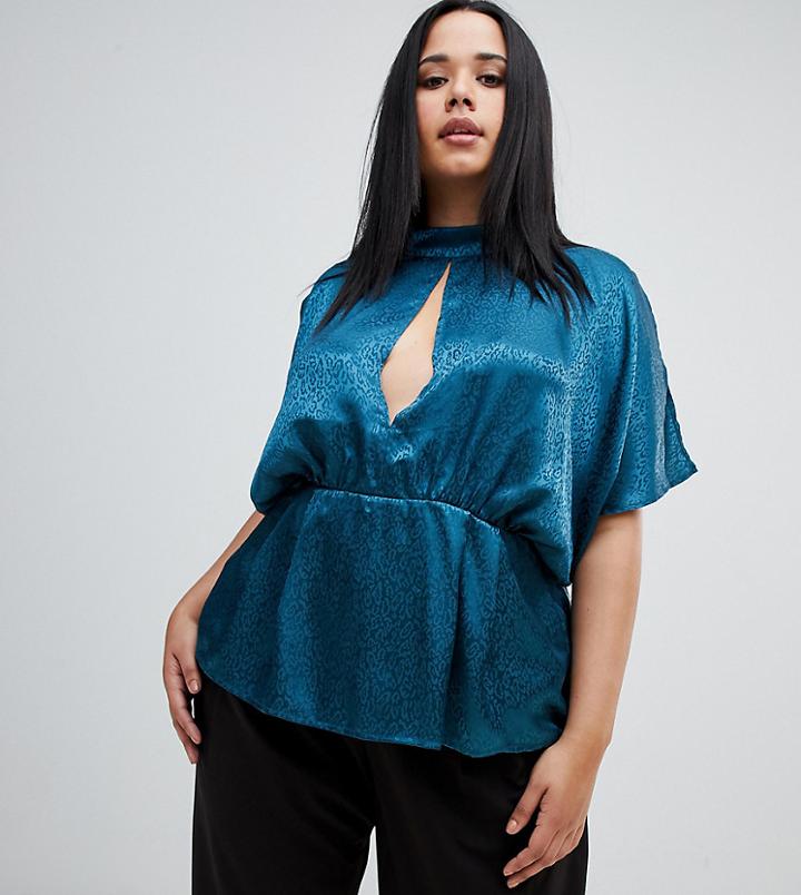 Asos Design Curve Flutter Sleeve Waisted Top In Leopard Jacquard - Blue