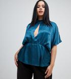 Asos Design Curve Flutter Sleeve Waisted Top In Leopard Jacquard - Blue