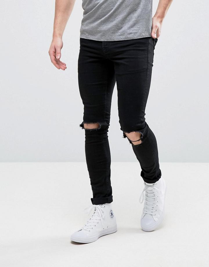 Hoxton Denim Extreme Skinny Black Jeans With Busted Knees - Black