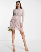 Asos Design Bridesmaid Pearl Embellished Flutter Sleeve Mini Dress With Floral Embroidery In Rose-pink