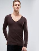 Asos Extreme V Neck Sweater In Muscle Fit - Brown