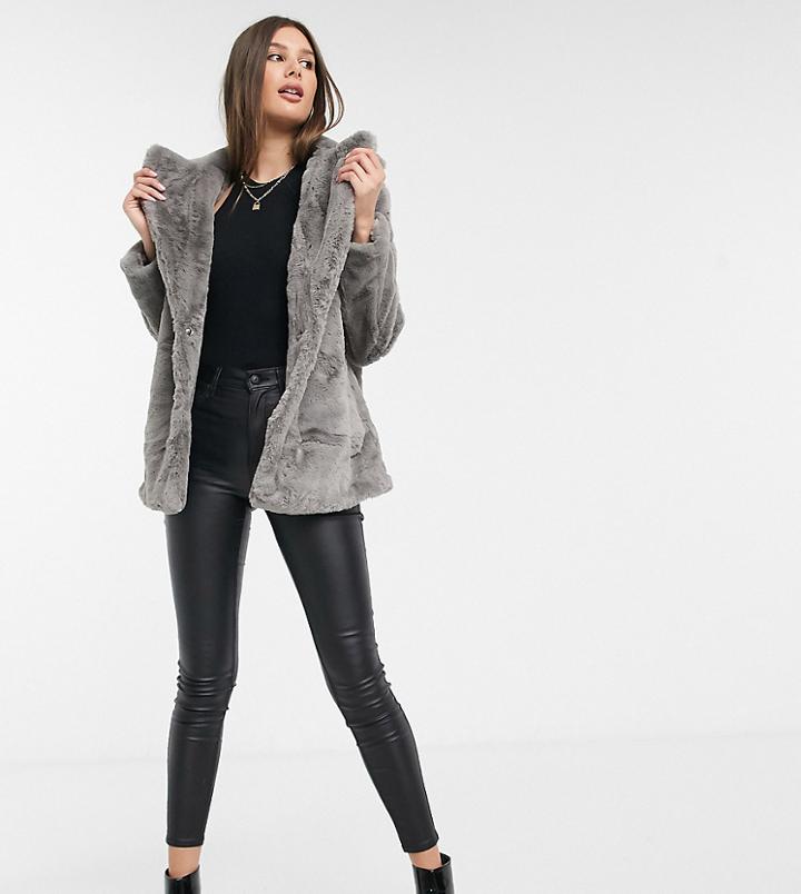 New Look Tall Faux Fur Coat In Gray-grey
