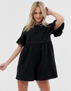 Asos Design Smock Romper With Frill Sleeve-black