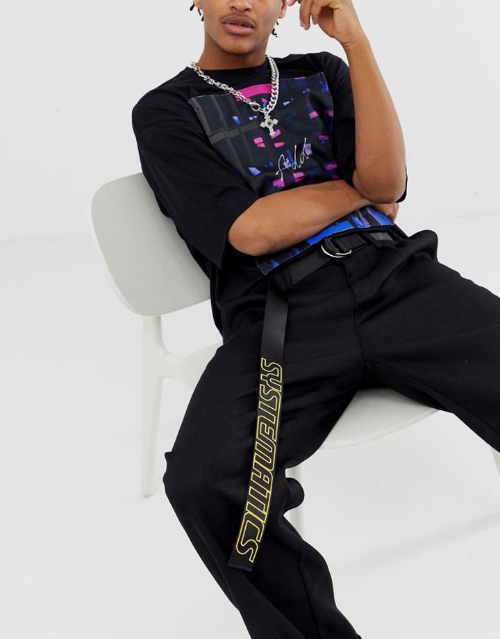 Asos Design Slim Long Ended Belt In Black With Systematics Text Print - Black