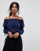 Influence Shirred Bardot Top With Tie Sleeves - Navy