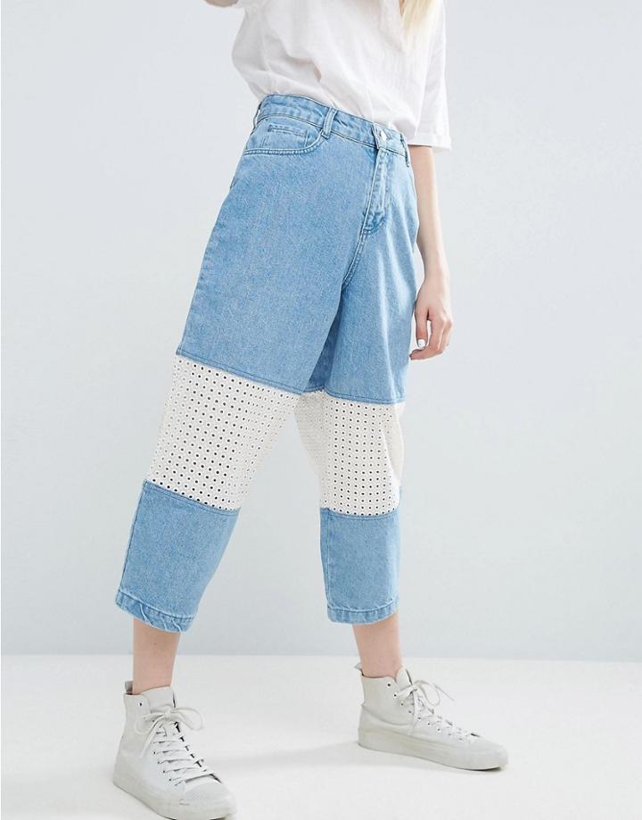 Asos White Broderie Insert Jeans In Lightblue Wash - Cream