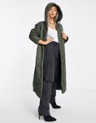 Missguided Diamond Quilted Hooded Coat In Khaki-green
