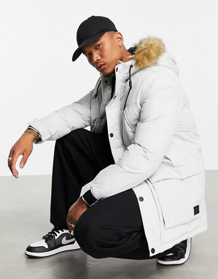 Jack & Jones Originals Parka With Faux Fur Lined Hood In Light Gray-grey