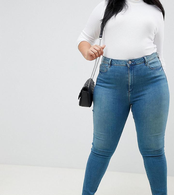 Asos Design Curve Ridley High Waist Skinny Jeans In Mid Green Blue Tone Wash - Blue