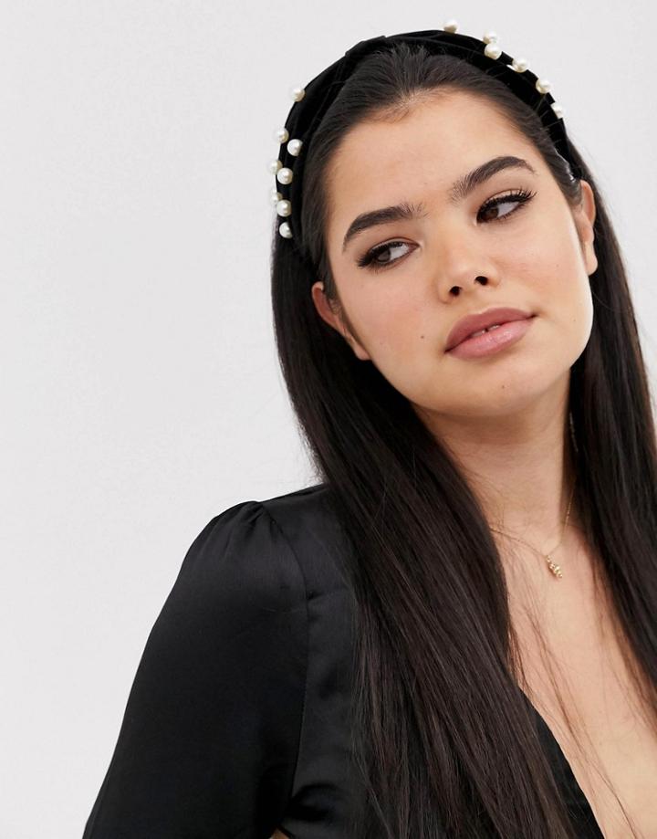 Asos Design Headband With Pearl Embellishment In Black Velvet