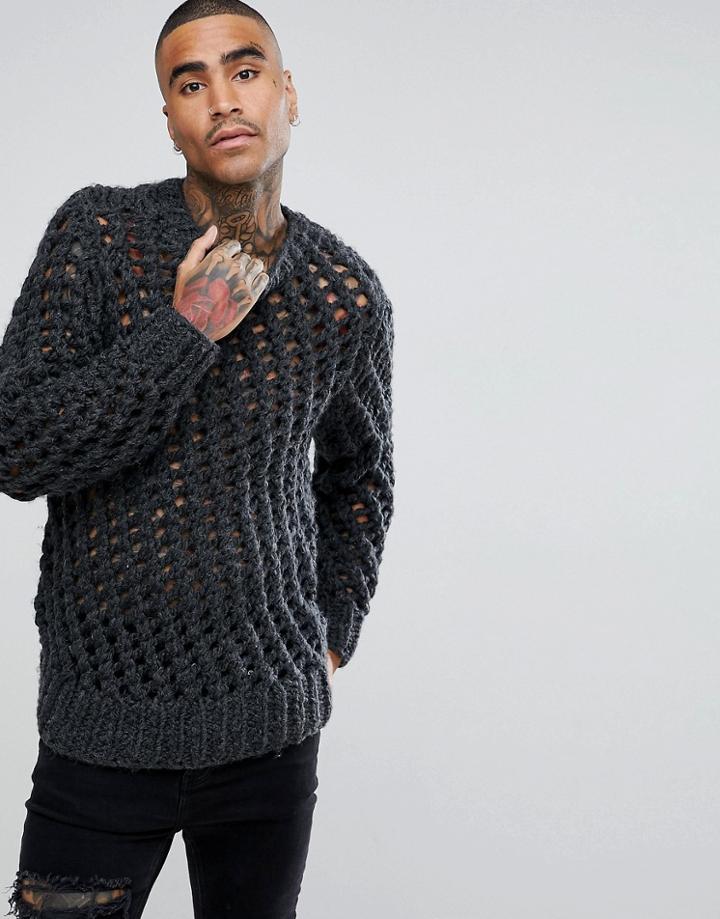 Asos Hand-knitted Open Stitch Sweater In Washed Black - Black