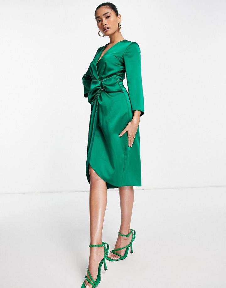 Closet London Satin Kimono Wrap Dress In Emerald Green