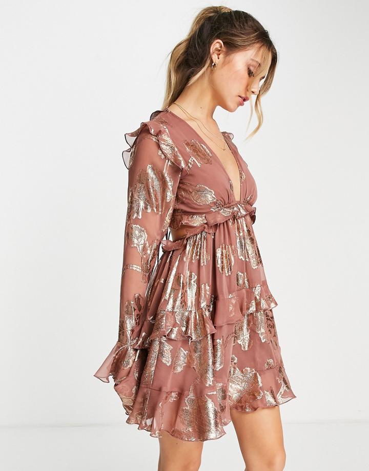 Asos Design Tiered Ruffle Floral Jaquard Mini Dress With Ruffle Detail Skirt-pink