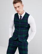 Asos Design Wedding Super Skinny Suit Vest In Blackwatch Plaid Check - Green