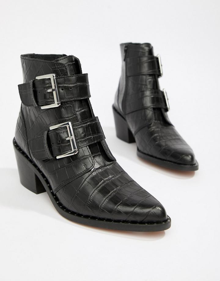 Kurt Geiger Denny Black Croc Effect Black Ankle Boots With Buckle Detail - Black