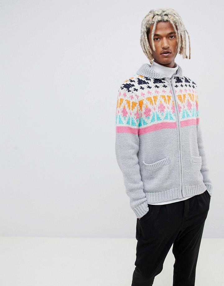 Asos Design Heavyweight Knitted Jacket With Geo Design-blue