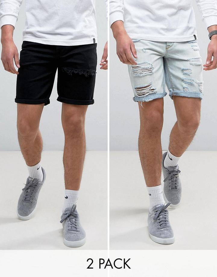 Asos 2 Pack Slim Denim Shorts With Mega Rip In Black & Bleach Blue Save - Multi