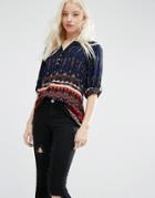 Brave Soul Border Print Smock Top - Navy