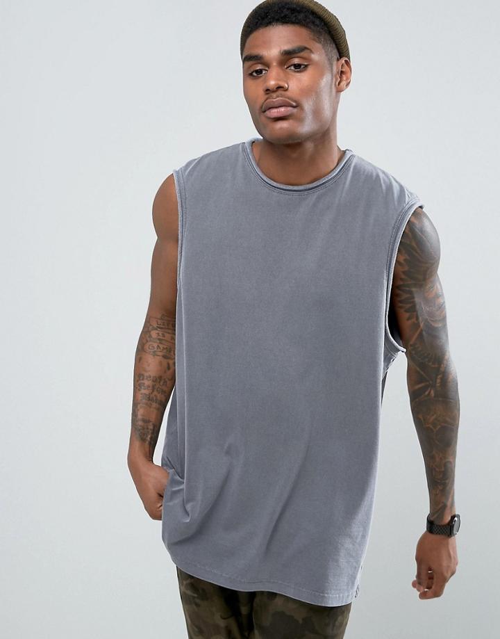 Asos Oversized Sleeveless T-shirt With Raw Edge And Pigment Wash - Gray