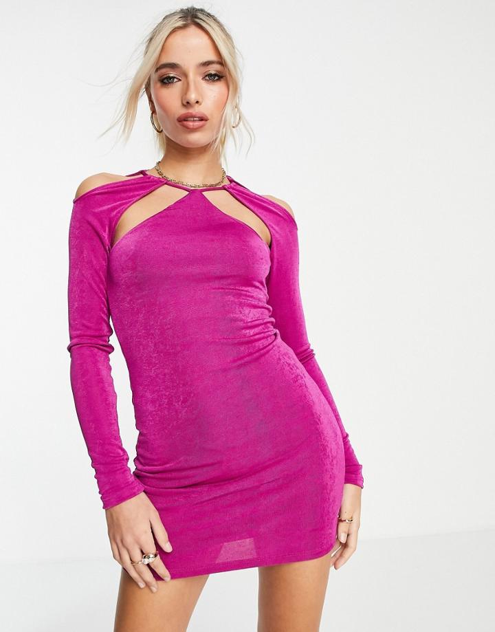 Pull & Bear Cut-out Halterneck Long Sleeve Dress In Pink