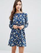 Yumi Floral Belted Long Sleeve Dress - Navy