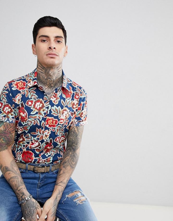 Devil's Advocate Short Sleeve Slim Fit Floral Print Shirt - Navy
