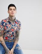 Devil's Advocate Short Sleeve Slim Fit Floral Print Shirt - Navy