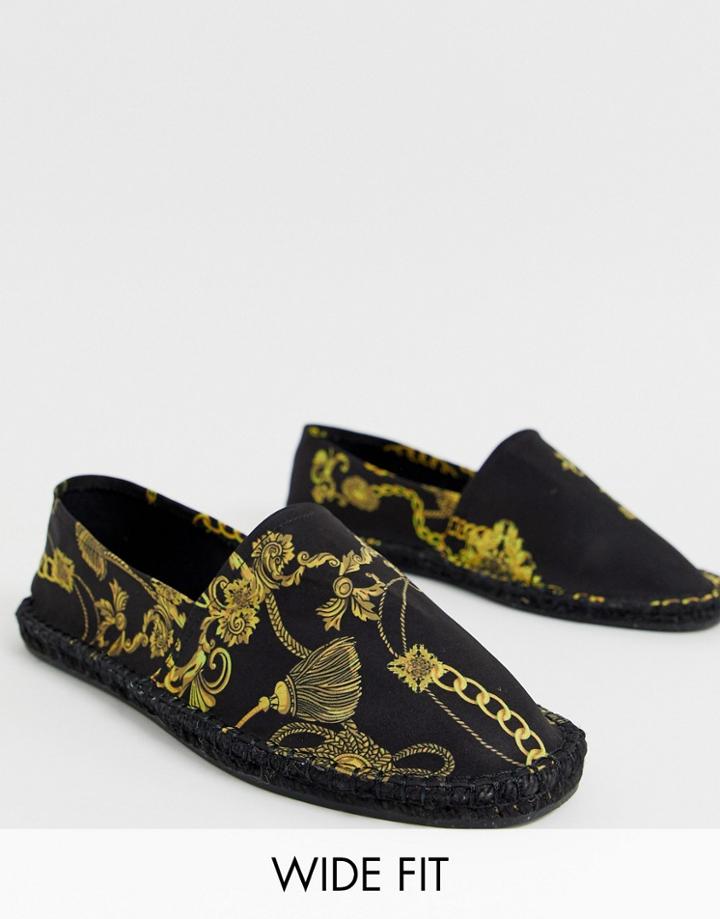 Asos Design Wide Fit Espadrilles In Gold Chain Print - Black