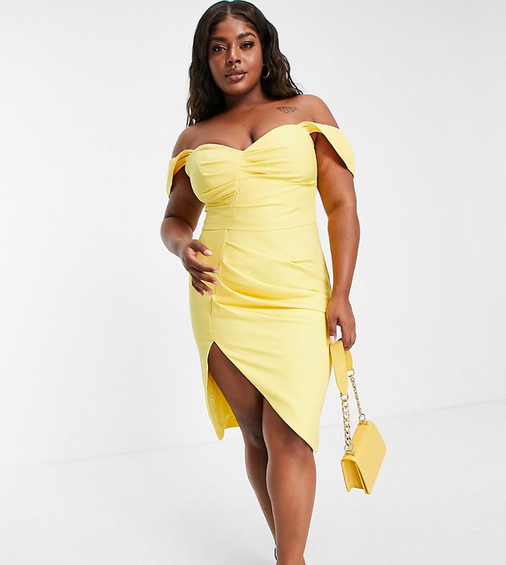 Lavish Alice Plus Pleated Off-the-shoulder Midi Dress In Lemon-yellow