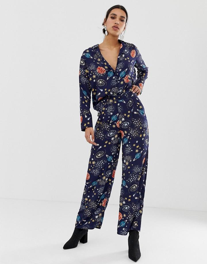 Neon Rose Wide Leg Pants In Celestial Print - Multi