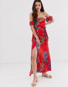 Influence Off Shoulder Maxi Dress In Bold Floral Print - Red