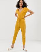 Asos Design Tie Waist V Neck Jumpsuit With Peg Leg - Multi