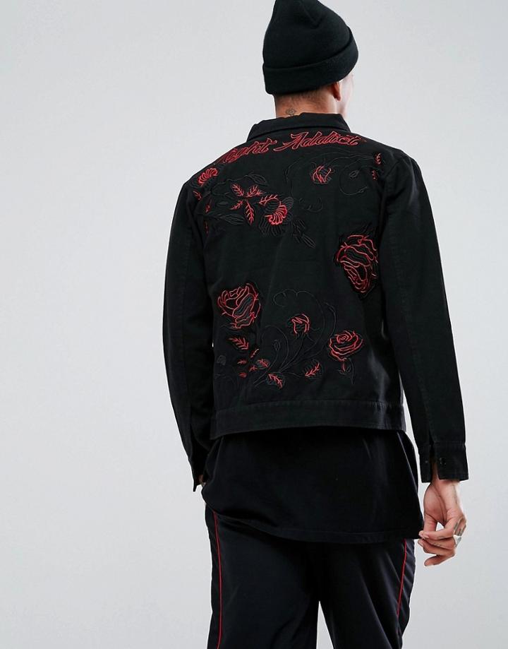 Night Addict Denim Zip Thru Jacket With Back Embroidery - Black