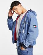 Tommy Jeans Hooded Denim Jacket In Mid Wash-blues