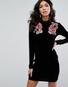 Club L High Neck Long Sleeve Velvet Dress With Rose Embroidery - Black