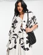 Selected Femme Linen Blend Oversized Resort Shirt In Mono Print - Part Of A Set-white