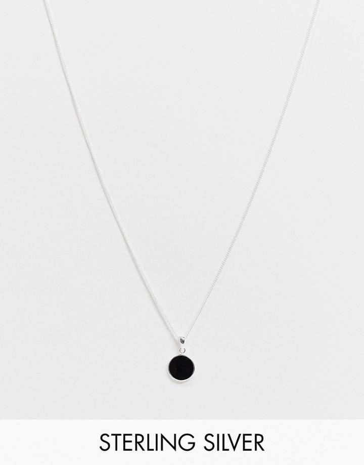 Asos Design Skinny Sterling Silver 1mm Necklace With Black Agate Pendant In Silver