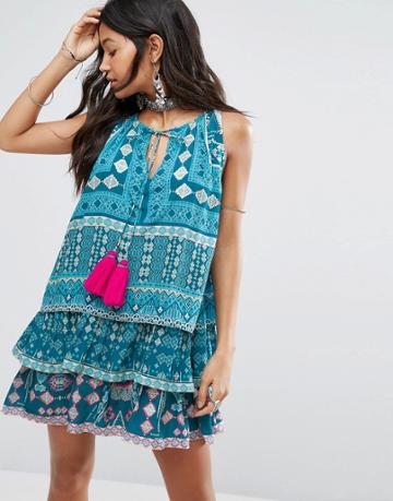Island Stories Embroidered Beach Dress With Contrast Tassel - Blue