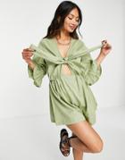 Asos Design Knot Front Ruffle Sleeve Romper In Khaki-green