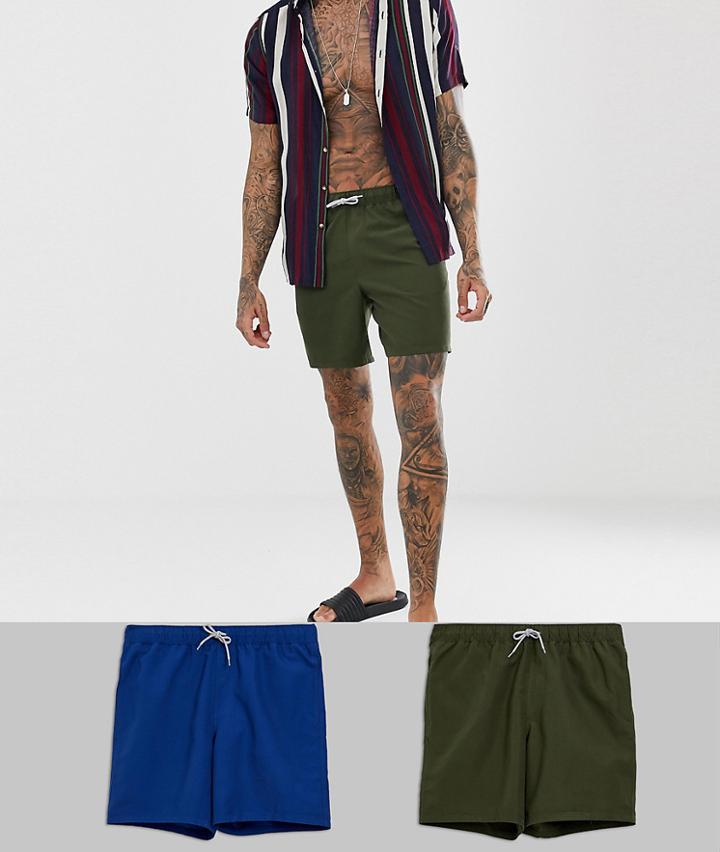 Asos Design Swim Shorts 2 Pack In Blue & Khaki Mid Length Multipack Saving