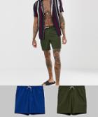 Asos Design Swim Shorts 2 Pack In Blue & Khaki Mid Length Multipack Saving