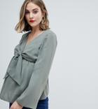 Asos Design Maternity Nursing Long Sleeve Top With Tie Front Detail-green