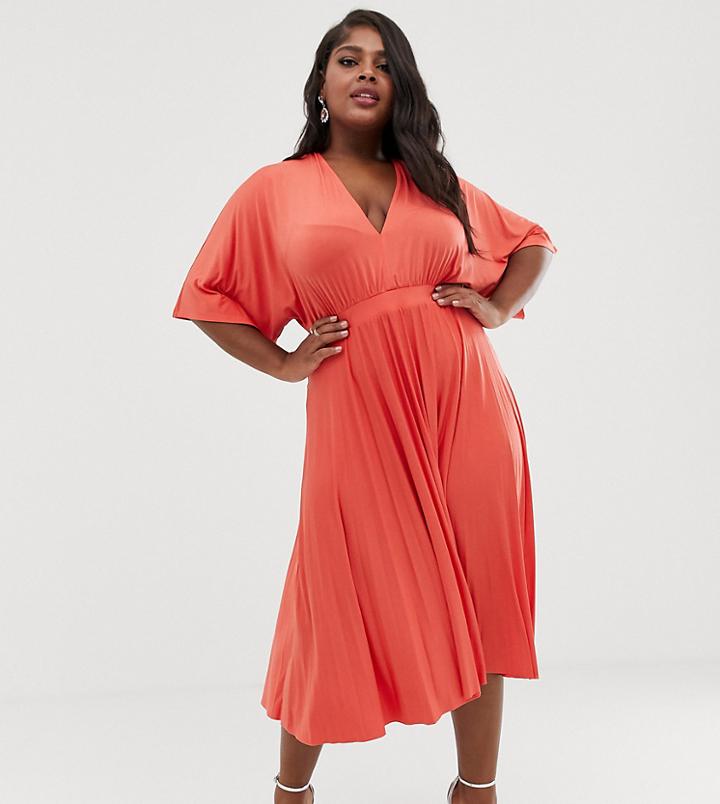 Asos Design Curve Exclusive Pleated Slinky Kimono Midi Dress-orange