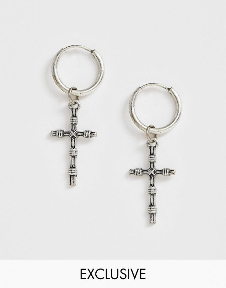 Reclaimed Vintage Inspired Hoop Earrings With Cross Detail In Burnished Silver Exclusive To Asos - Silver