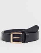Asos Design Faux Leather Slim Belt In Black Saffiano Emboss And Gold Buckle